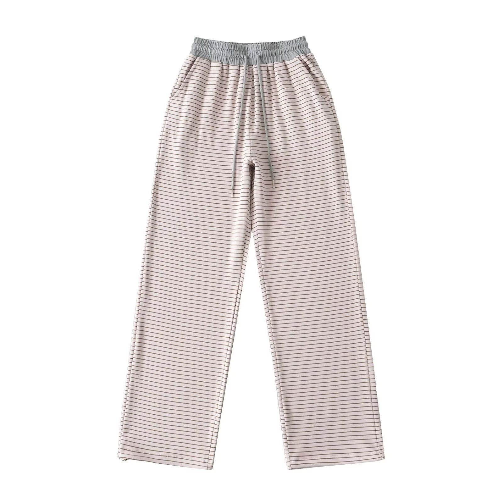 Derong lazy style contrasting striped high waisted wide leg pants