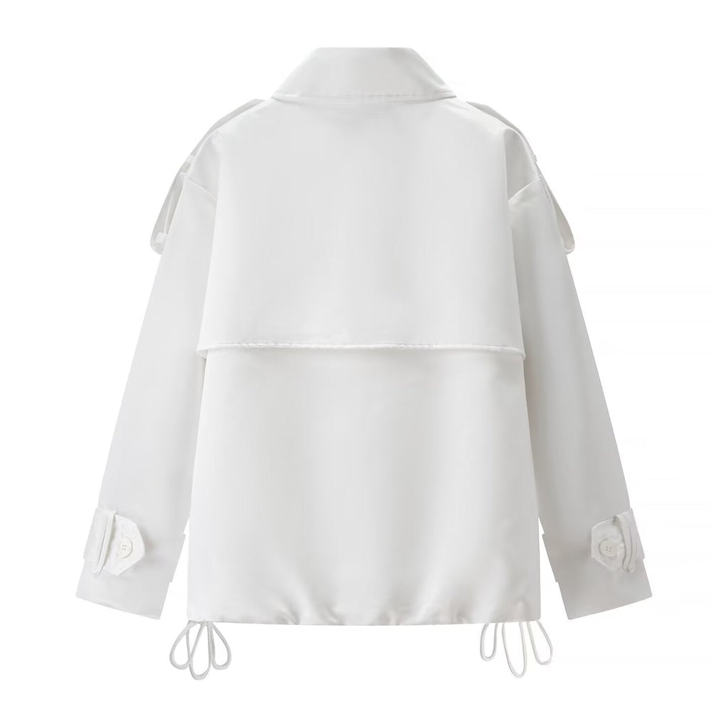 Long sleeved white double breasted loose jacket for women