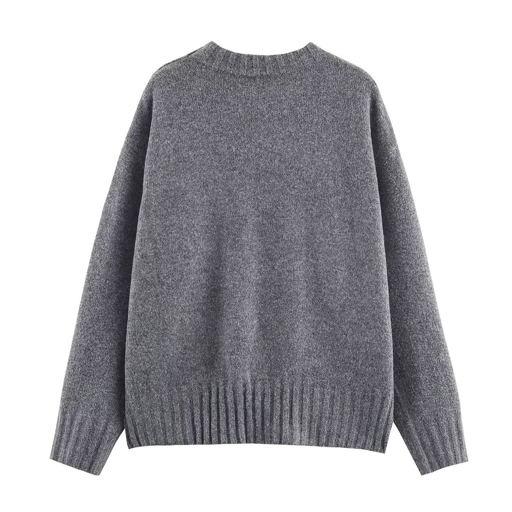 Round neck long sleeved loose fitting pullover knitted sweater for women