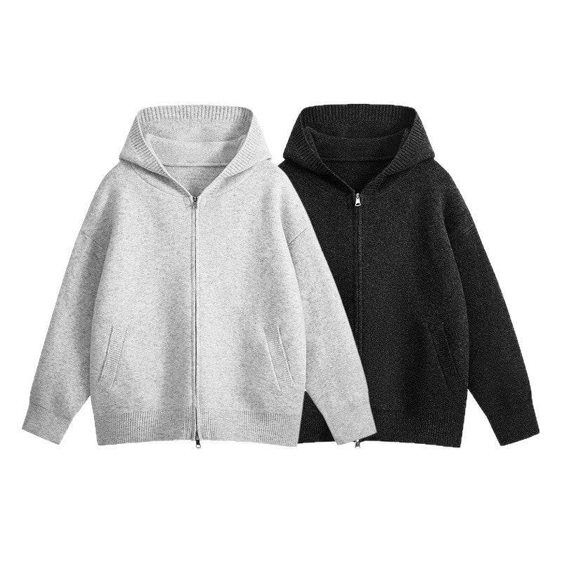 Preppy Style Solid Color Double-Zip Hooded Cardigan Sweater Coat