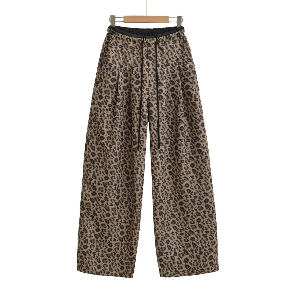 Retro color blocked loose straight leg wide leg pants with leopard print casual pants