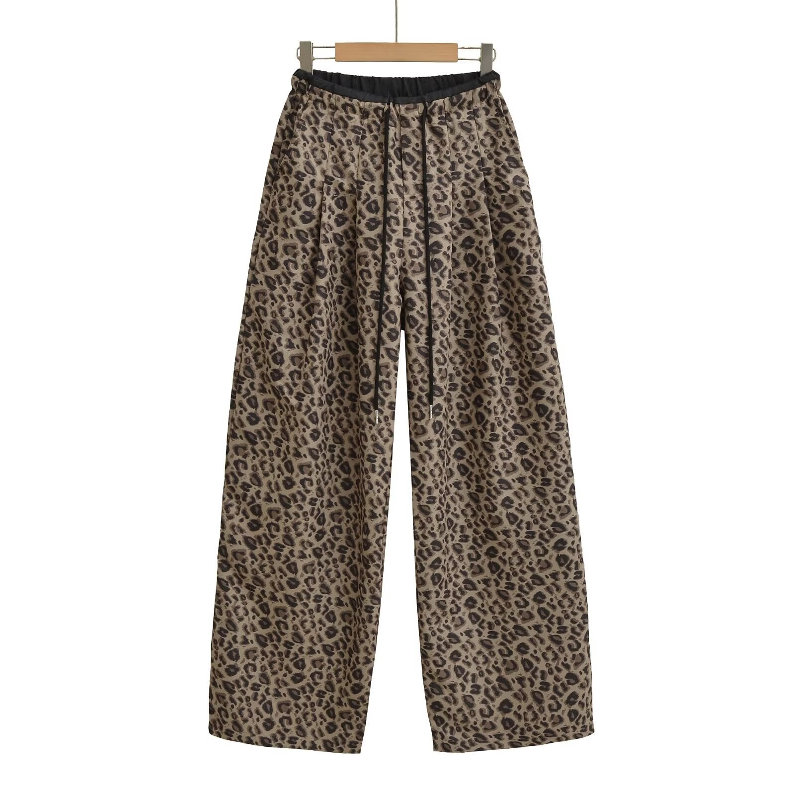Retro color blocked loose straight leg wide leg pants with leopard print casual pants