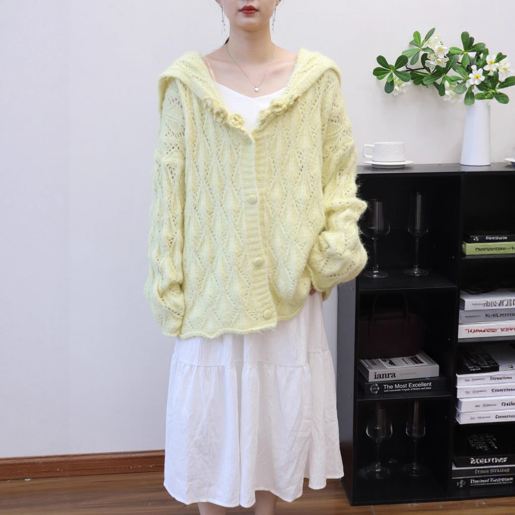 Hollow-out Three-dimensional Flower Collar Knit Cardigan Version Loose Soft Sweater Jacket for Women
